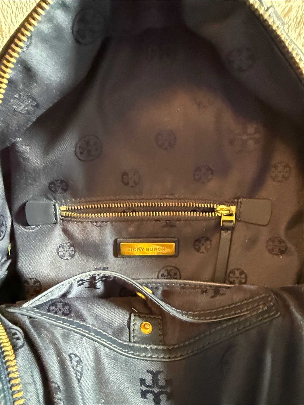 Tory Burch Glossy Navy Croc-Embossed Leather Backpack - Picture 4 of 6